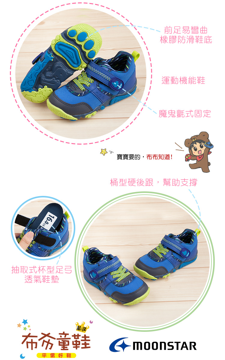 Moonstar日本Carrot玩耍防潑野狼藍色兒童機能運動鞋