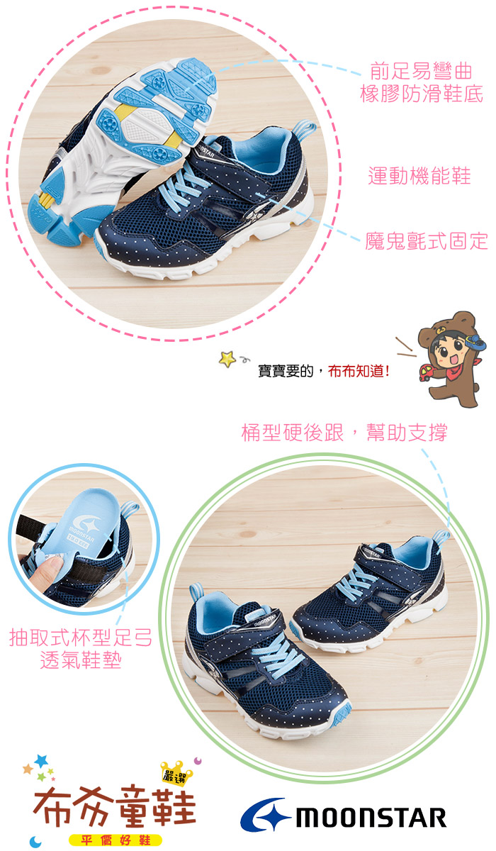 Moonstar日本點點深藍亮皮3E兒童機能運動鞋