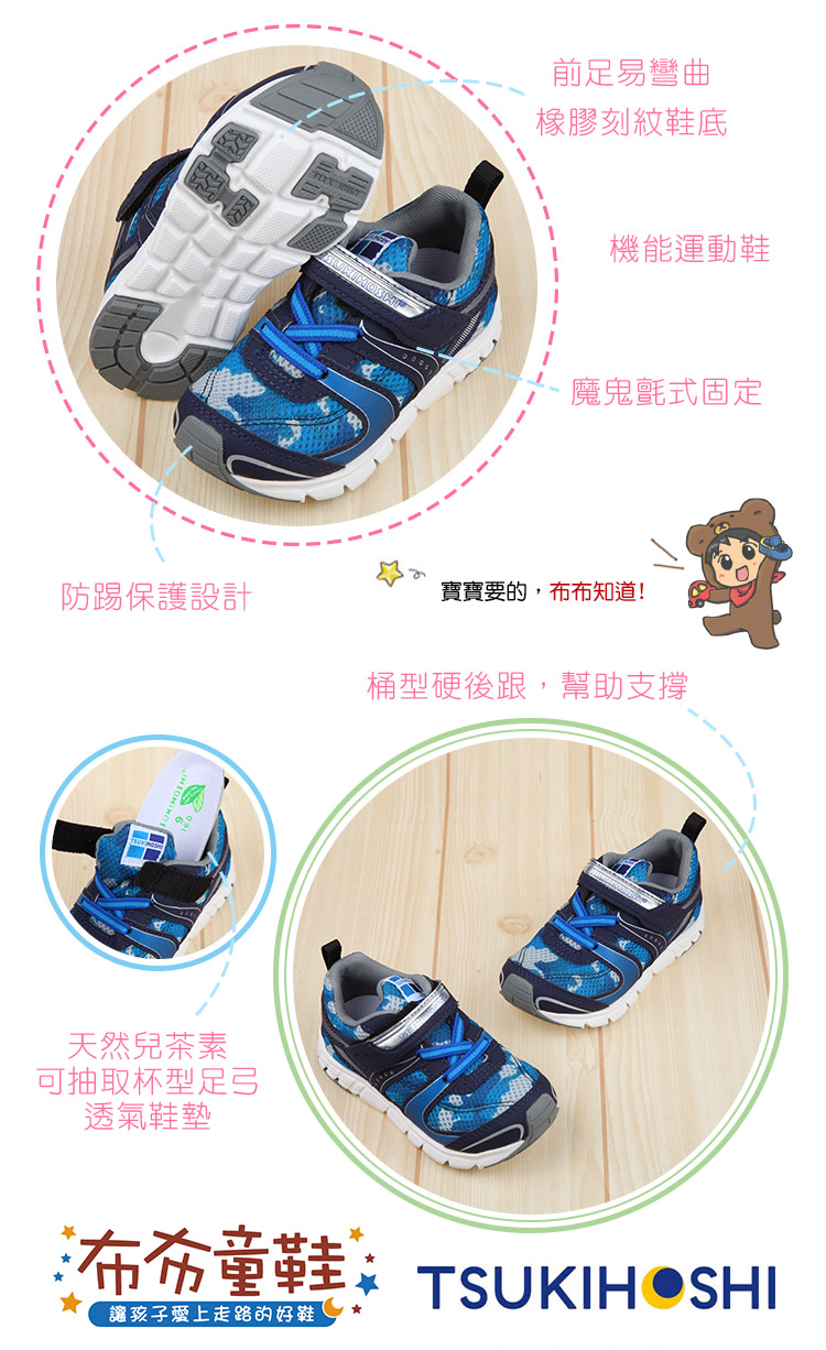 日本TSUKIHOSHI迷彩海軍藍色兒童機能運動鞋