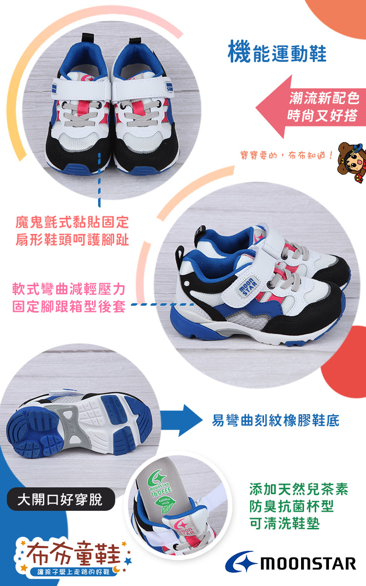 Moonstar日本Hi系列3E寬楦白藍色兒童機能運動鞋
