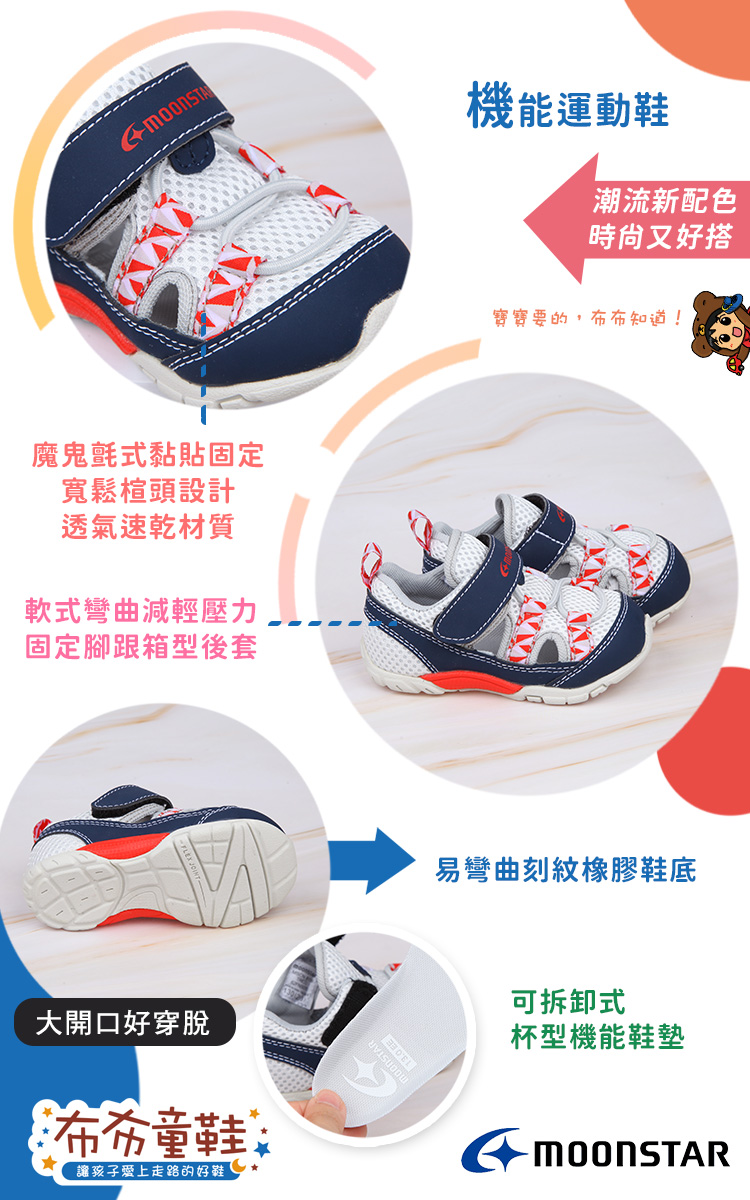 Moonstar日本白藍色盛夏透氣兒童機能運動鞋