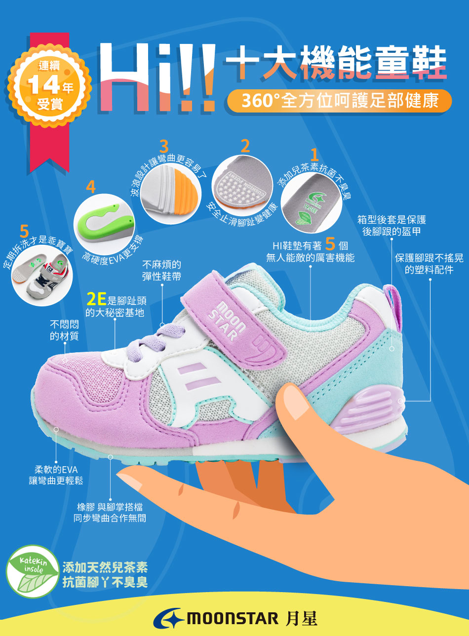 Moonstar日本月Hi系列粉紫色兒童機能運動鞋