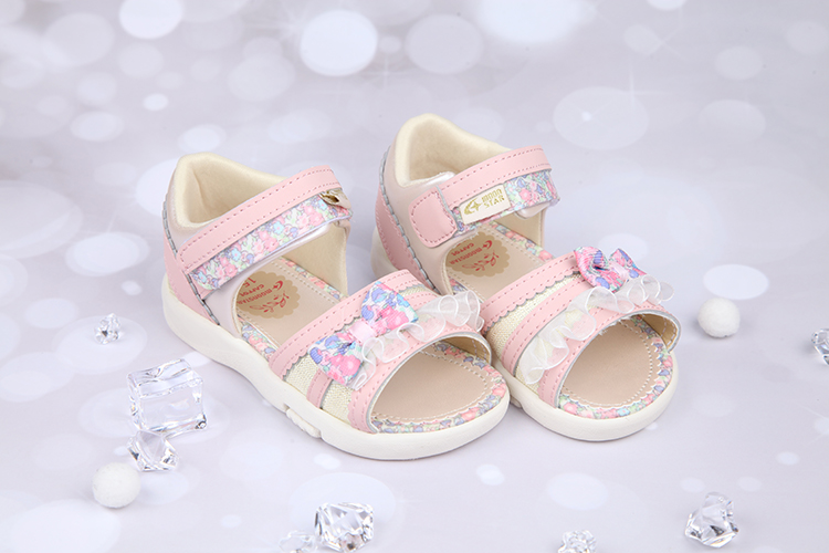 Moonstar日本花繪蝴蝶結粉紅色兒童機能涼鞋