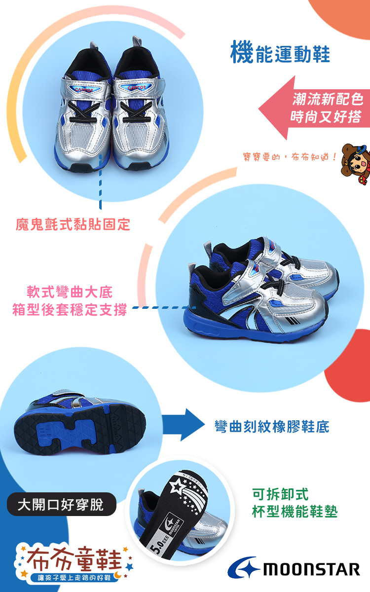 Moonstar日本Carrot宇宙藍銀色兒童機能運動鞋