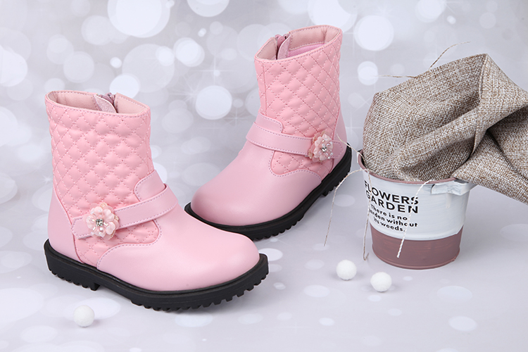 甜美格菱紋花朵粉色皮質兒童短靴