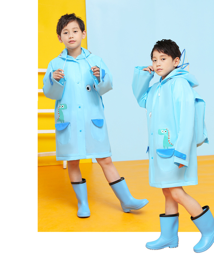 防水防風呆萌小恐龍藍色可背書包兒童雨衣