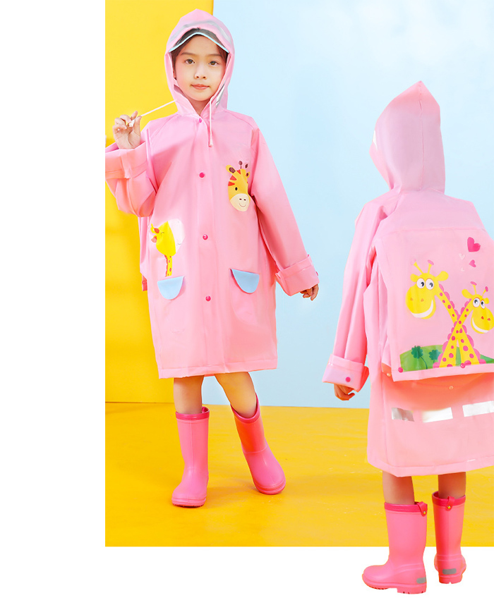 防水防風長頸鹿粉色可背書包兒童雨衣