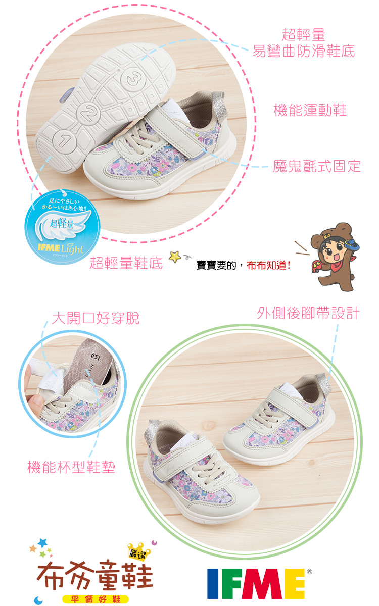 日本IFME花繪采風灰色兒童機能運動鞋