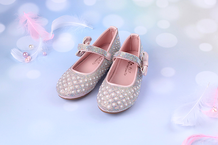 宮廷風菱紋珠光飾面粉色兒童公主鞋